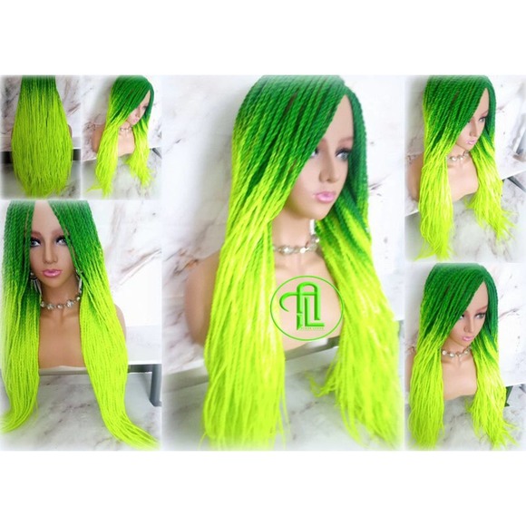 Green Florescent  Ombre Senegalese Twist Braid Wig Glow in The Dark Braids Neon - Picture 4 of 9